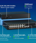 Unmanaged 18 Port 2.5G Ethernet Switch With 16 2.5Gb Base T Ports And 2x 10G SFP Ports, Metal Fanless Design, indicator lights shown
