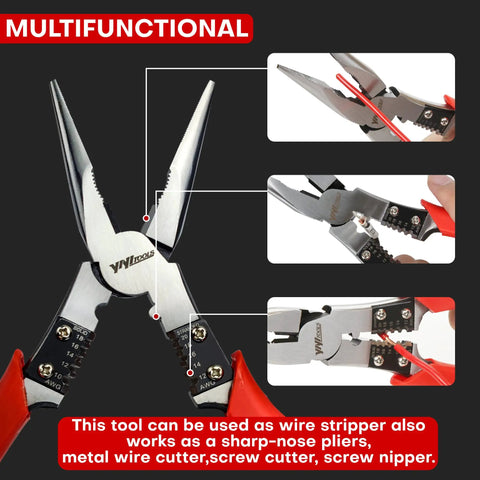 Powerful Lineman's Pliers With Wire Stripper And Crimper, Heavy Duty High Leverage Eight And A Half Inch, Red Grip