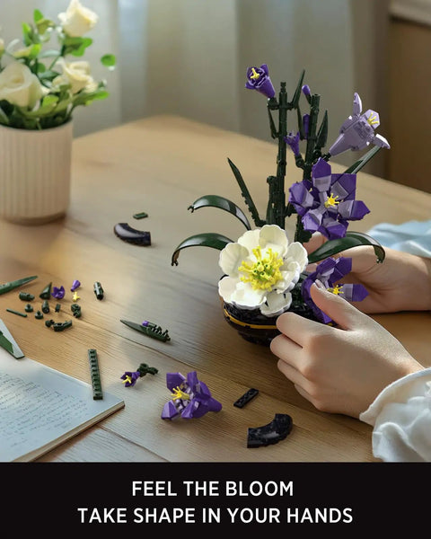 Gladiolus Flower Building Set From Bloom Up Series Dope Home Decor Kit With Realistic Gladiolus Stems And Bud Accents For Calming Creative Build And Eye Catching Vibe NF10332, hands assembling purple and white flower display