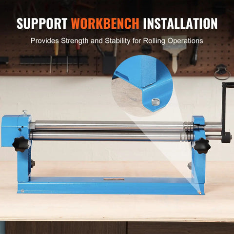 Heavy Duty Slip Roll Machine With 24 Inch Forming Width And 16 Gauge Capacity showcasing detachable rollers on a workbench.