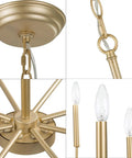 Close-up details of Gold Eight Arm Modern Chandelier With Two Height Options, showcasing base, chain, and candlestick bulbs.