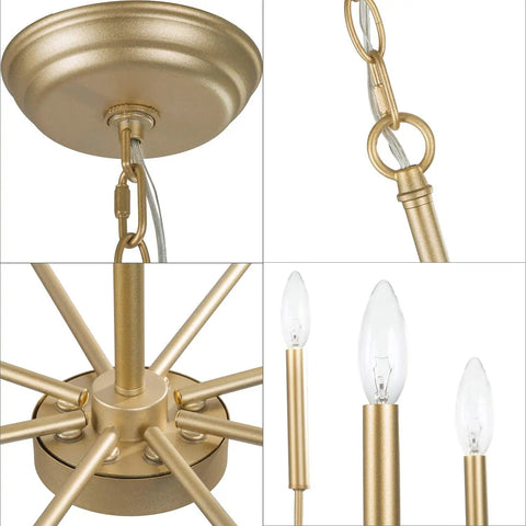 Close-up details of Gold Eight Arm Modern Chandelier With Two Height Options, showcasing base, chain, and candlestick bulbs.