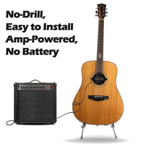 Acoustic guitar with clip on pickup, connected to amp, focus keyword: Clip On Acoustic Guitar Pickup For Steel String Guitars 38 To 42 Inches Not For Classical Transducer With 10 Foot Cable Plug In Anywhere Battery Free Instant Upgrade For Loud Clear Amps And Recordings