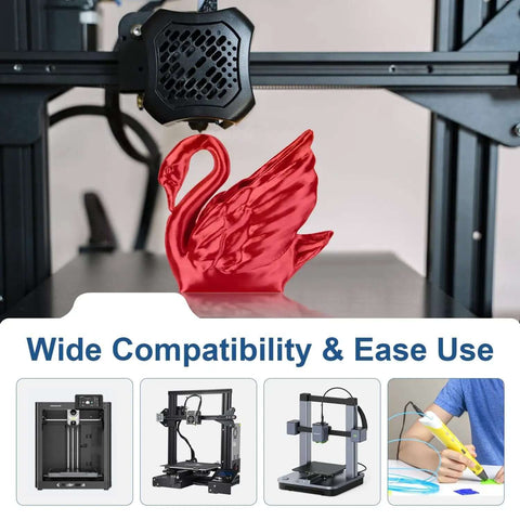 Red swan print on 3D printer using Silk PLA 3D Printer Filament Bundle, 6 Color Set In Gold Silver Red Green Blue Purple