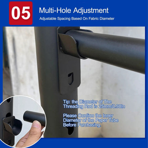 Adjustable mechanism of Heavy Duty Fabric Roll Storage Rack With Adjustable Hanging Rod And Movable Steel Organizer for coils.
