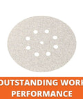 Hook And Loop Sanding Sheets 60 Grit 50 Pack For Metal Auto Body And Fiberglass showing perforated disc with text 'Outstanding Work Performance'