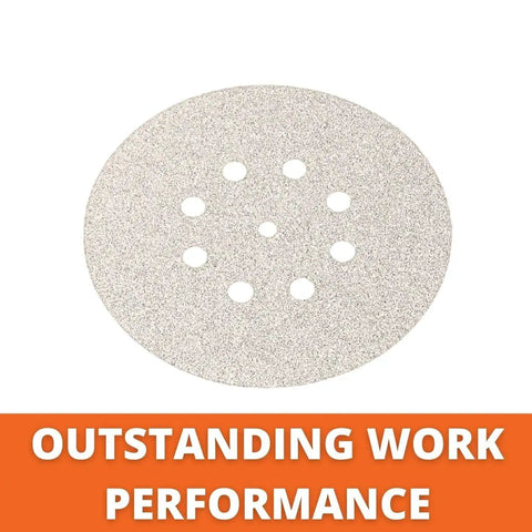Hook And Loop Sanding Sheets 60 Grit 50 Pack For Metal Auto Body And Fiberglass showing perforated disc with text 'Outstanding Work Performance'