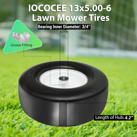 Twofer 13x5.00-6 Flat Free Lawn Mower Tires With Bearings 3/4 Inch 1/2 Inch And 5/8 Inch Replacement Wheels For Lawn Tractors And Push Mowers, Smooth Rolling, Durable Turf Tires. 13x5.00-6 flat-free tire with 3/4 in bearing and 4.2 in hub