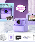 Kids Instant Digital Camera With Dual Lens 1080p HD Selfie Camera Built In Print Paper And 32GB Card Dope Kid Friendly Toy For Ages 3 To 16 Totally Perfect Christmas Birthday Gift, purple front view with box and accessories