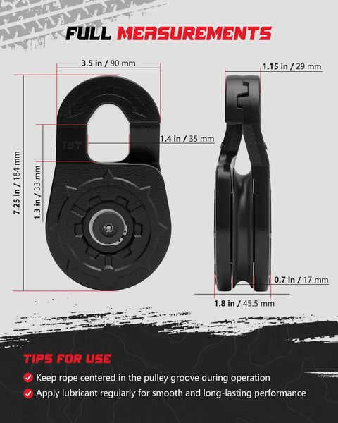 Heavy Duty Snatch Block With Separate Body Design, 22 Ton G80 Forged Winch Block For Off Road Recovery, Quick Rope Attachment, Works With Synthetic Rope, Black, full measurements