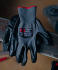Heavy Duty Nitrile Reusable Work Gloves For Any Task With Cut Resistant Palm Latex Free 5-Pack Large Black Gloves shown with tools