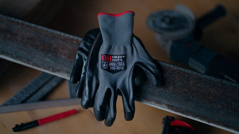 Heavy Duty Nitrile Reusable Work Gloves For All Purpose Hand Protection With Cut Resistant Palm Ideal For Auto Repair Painting Plumbing Cleaning Salons Household Tasks Latex Free 15 Pack Large Grip Ready shown on metal beam.