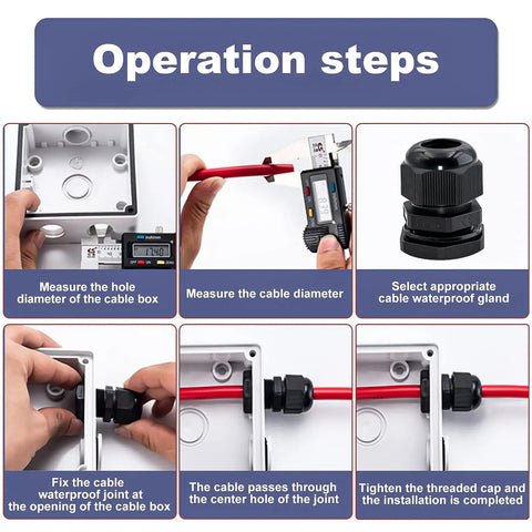 Operation steps for Waterproof Adjustable Cable Glands Kit 60 Pack Black Nylon Joints With Gaskets installation in junction box