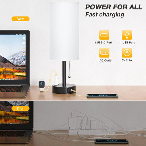 Bedroom Lamps Set of 2 With USB C and USB A Ports, 3 Color Modes showing lamp with USB connections charging devices on desk