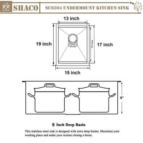 Diagram of 15x19 Inch Undermount Bar Ledge Workstation For Small Kitchen Stainless Steel Single Bowl RV Wet Prep Sink dimensions