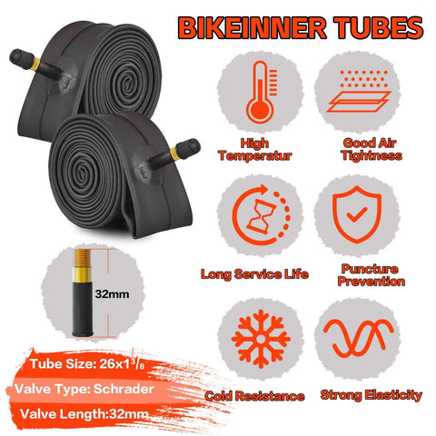 Bikeinner tubes with Schrader valve, features include high temperature, good air tightness, 24x1 3/8 Wheelchair And City Bike Tires And Inner Tubes AV 32mm Schrader Valve With Repair Kit Rim Strips Tire Levers For Vintage 24x1 3/8 Bikes And Commuter Street Rides.