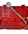 Front view of dial bore gauge set with dial indicator, 2–6 in range, 6 in stem, carbide anvils, in red case