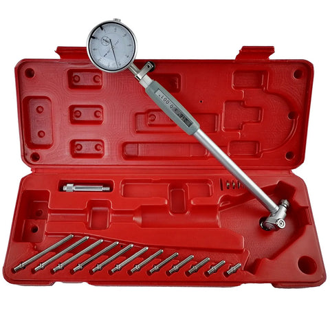 Front view of dial bore gauge set with dial indicator, 2–6 in range, 6 in stem, carbide anvils, in red case