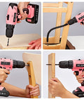 Pink 21V Cordless Drill Driver Set With Three Eighth Inch Keyless Chuck Two 1.5Ah Batteries And Charger Variable Speed 0 To 1350 RPM DIY Home Projects And Everyday Quick Fixes in use on wooden furniture.
