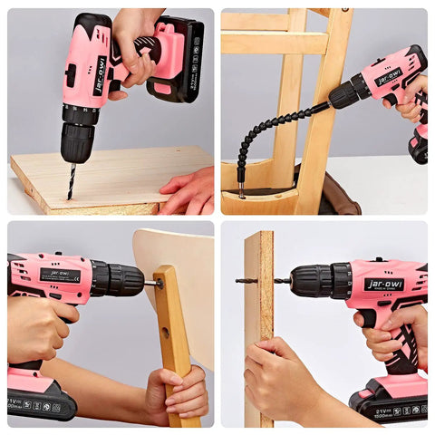 Pink 21V Cordless Drill Driver Set With Three Eighth Inch Keyless Chuck Two 1.5Ah Batteries And Charger Variable Speed 0 To 1350 RPM DIY Home Projects And Everyday Quick Fixes in use on wooden furniture.