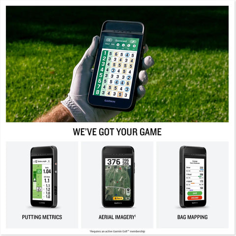 Portable Golf Launch Monitor With 5 Inch Color Touchscreen GPS Handheld, showing screen and various metric displays.