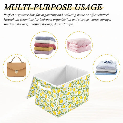 Heavy Duty Foldable Storage Bin With Secure Snap Lid And Wide Grip Handles For Bedroom Closet Organization Zero Clutter Space Saving Collapsible Fabric Container with floral design, measuring 16.5x12.6x11.8in.