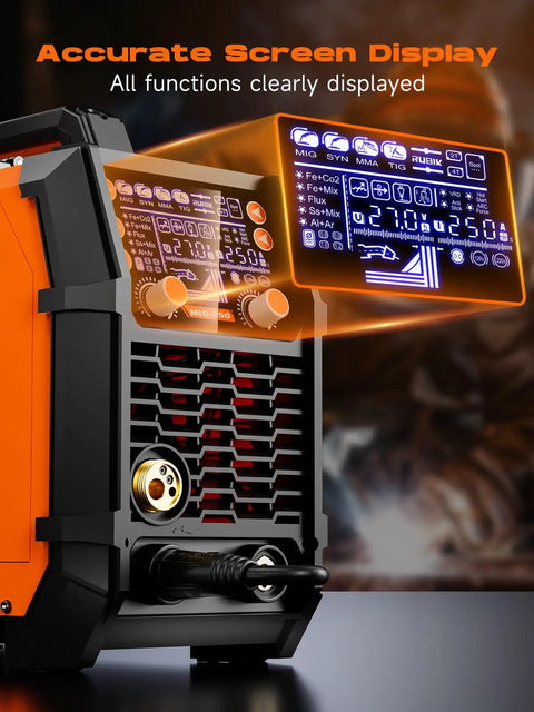 Aluminum 250 Amp 5 In 1 MIG Welder With MIG Stick Lift TIG Flux Core Gas Modes display close-up