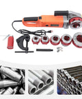 Heavy Duty Electric Pipe Threader Machine With Copper Motor And Portable Handheld Design For No Sweat 110V Threading Operations in orange with six precision dies.