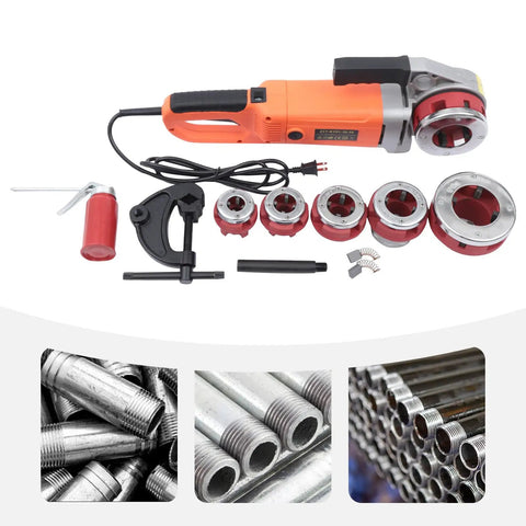 Heavy Duty Electric Pipe Threader Machine With Copper Motor And Portable Handheld Design For No Sweat 110V Threading Operations in orange with six precision dies.