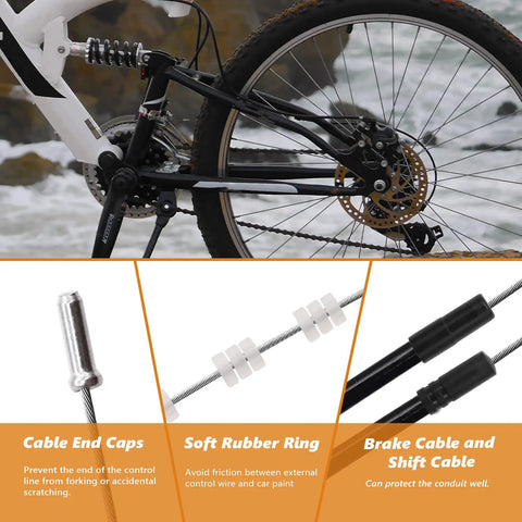 Universal Bicycle Brake Cable And Shift Cable And Housing Kit shown with end caps, rubber rings, and protective housing for bike repair.