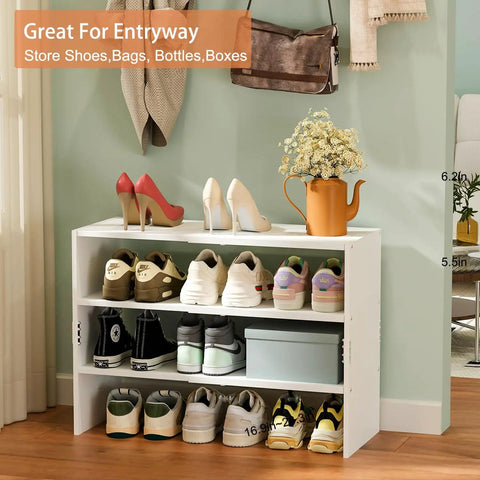 Expandable 3 Tier White Shoe Rack Organizer For Closet And Hallway, Adjustable Length From 16.9 To 28.3 Inches, holds shoes
