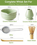 Complete Five Piece Matcha Making Kit with bamboo whisk, ceramic bowl, whisk holder, stainless steel sifter and scoop