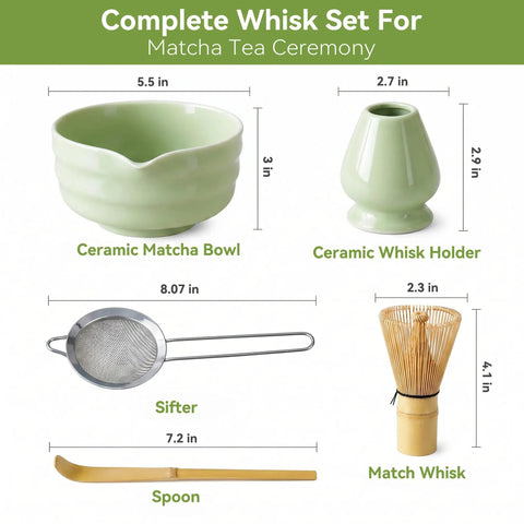 Complete Five Piece Matcha Making Kit with bamboo whisk, ceramic bowl, whisk holder, stainless steel sifter and scoop