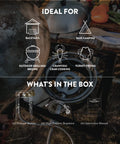 Propane Single Burner Camp Stove With High Temp Paint, Red Steel Braided Regulator, Heat Dial, And Height Adjustable Legs For Stable, High Heat Outdoor Cooking On The Go showing ideal uses and box contents.