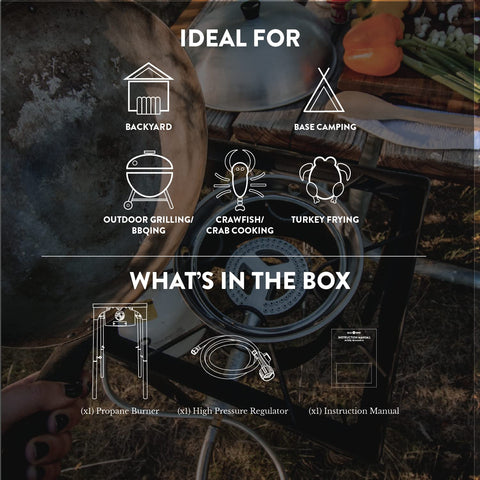 Propane Single Burner Camp Stove With High Temp Paint, Red Steel Braided Regulator, Heat Dial, And Height Adjustable Legs For Stable, High Heat Outdoor Cooking On The Go showing ideal uses and box contents.