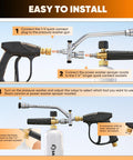 Easy installation steps for Foam Cannon Dual Connector For Pressure Washer Kit With Switchable Foam And Water Spray Gun.