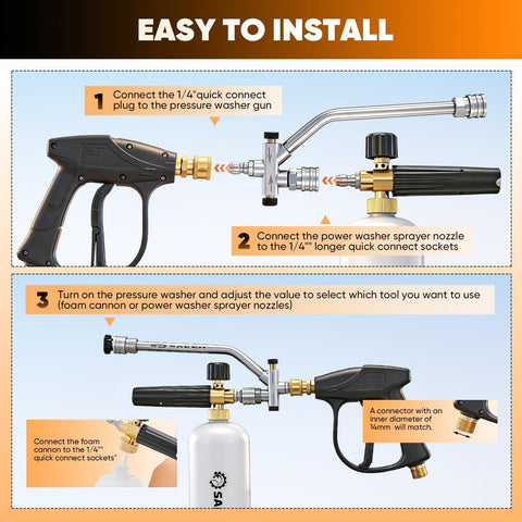 Easy installation steps for Foam Cannon Dual Connector For Pressure Washer Kit With Switchable Foam And Water Spray Gun.