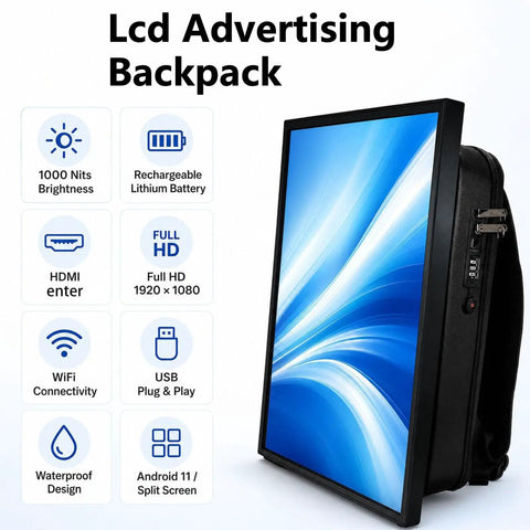 Rolling Out In Style With This Badass Portable Digital Backpack Featuring A Slick 21 Inch Sunlight Readable Lcd Billboard Usb And Wifi Casting To Turn Heads And Amp Up Your Street Marketing, showcasing LCD display and features.