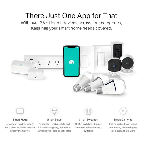 Smart home devices including smart bulbs, plugs, and cameras with app screen; Smart Power Strip With 3 Independent Outlets And 2 USB Ports.