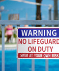 Two Pack Aluminum Pool Safety Signs 10 By 14 Inches Outdoor Decor No Lifeguard On Duty Swim At Your Own Risk Never Leave Children Unattended Weatherproof Durable