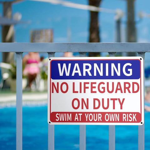 Two Pack Aluminum Pool Safety Signs 10 By 14 Inches Outdoor Decor No Lifeguard On Duty Swim At Your Own Risk Never Leave Children Unattended Weatherproof Durable