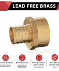 Lead-free brass barb crimp adapter with 1-inch PEX connection and NPT female thread, showcasing corrosion resistance features.