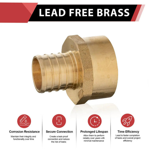 Lead-free brass barb crimp adapter with 1-inch PEX connection and NPT female thread, showcasing corrosion resistance features.
