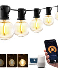 Lit Smart Outdoor String Lights For Patio 100 Ft Dimmable WiFi Lights With 50 G40 LED Bulbs shown with app control and scheduling.