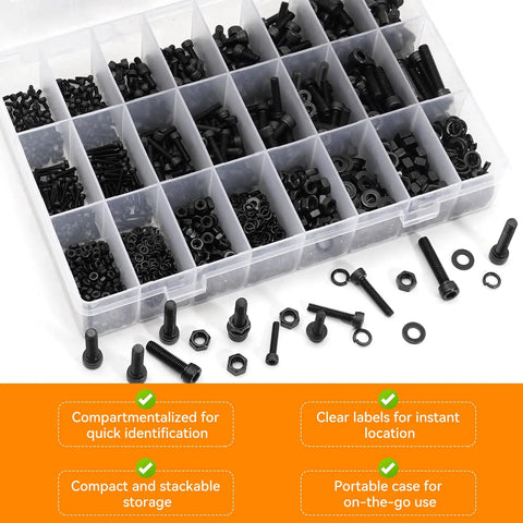 1760 Piece Nuts And Bolts Kit With M2 M3 M4 M5 Screws, Lock And Flat Washers in plastic organizer case, black zinc set.