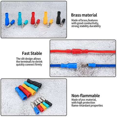 100 Piece Bullet Connectors Kit Insulated Female And Male Terminals For Electrical Marine And Automotive Wire Crimp Connectors Brass Construction For High Current And Low Voltage Drop Built To Last showing brass and PVC material with fast stable connections