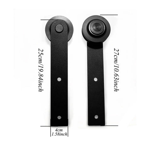 Heavy Duty Matte Black Barn Door Hardware Kit For Double Sliders 13 6 Ft Track featuring sturdy metal brackets, sizes 25cm and 27cm.