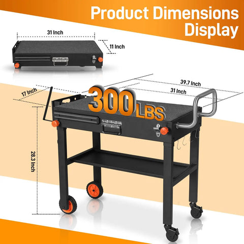 All In One Outdoor Grill Cart For 17 To 22 Inch Griddles And Pizza Ovens, Foldable Portable Stand, supports 300 lbs, dimensions shown