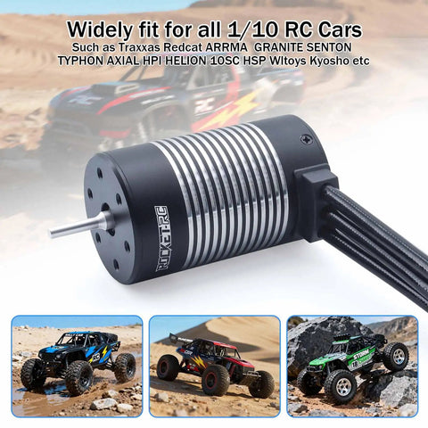 Beefy 3800KV 4-Pole Brushless RC Motor With 3.175mm Shaft and a sleek black and white finish, shown on rocky terrain.