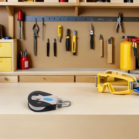 Stainless Steel Nylon Pulley Wheel Swivel Block 209kg Bearing Single Pulley on workshop table with tools in background